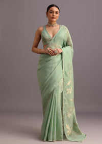 Pista Green Dola Silk Lurex Work Woven Saree With Unstitched Blouse