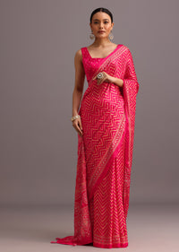 Pink Embroidered Satin Ajrakh Block Print Saree With Mirror Work