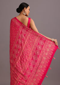 Pink Embroidered Satin Ajrakh Block Print Saree With Mirror Work