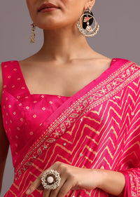 Pink Embroidered Satin Ajrakh Block Print Saree With Mirror Work