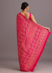 Pink Embroidered Satin Ajrakh Block Print Saree With Mirror Work