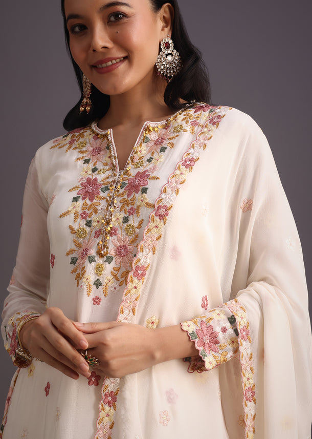 White Resham Work Kurti Palazzo With Floral Butti Work Dupatta