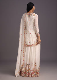 White Resham Work Kurti Palazzo With Floral Butti Work Dupatta