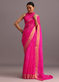 Pink Cotton Kota Leheriya Zari Work Woven Saree With Unstitched Blouse