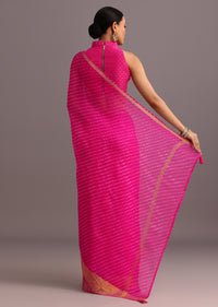 Pink Cotton Kota Leheriya Zari Work Woven Saree With Unstitched Blouse