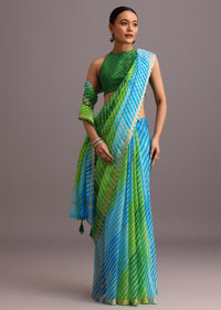 Green Cotton Kota Dual Shaded Hand Dyed Leheriya Saree With Zari Weave Border