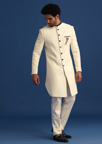 Off White Silk Blend Jodhpuri Set with Textured Detail