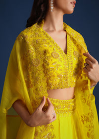 Yellow Bead Embroidered Jacket With Blouse And Skirt