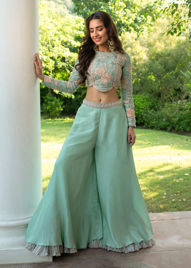 Turquoise Blue Raw Silk Hand Work Palazzo Suit