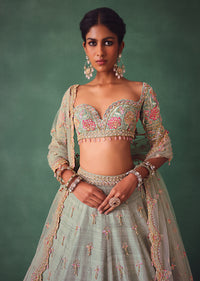 Sage Green Kali Lehenga With Embroidered Blouse And Dupatta