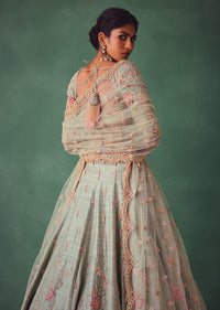 Sage Green Kali Lehenga With Embroidered Blouse And Dupatta