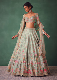 Sage Green Kali Lehenga With Embroidered Blouse And Dupatta