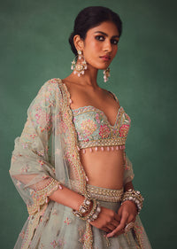 Sage Green Kali Lehenga With Embroidered Blouse And Dupatta