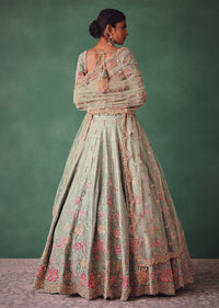 Sage Green Kali Lehenga With Embroidered Blouse And Dupatta