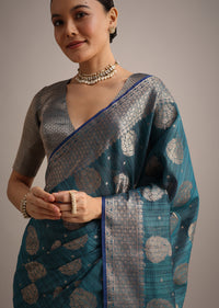 Blue Tissue Silk Handloom Saree With Zari Border And Butti Work