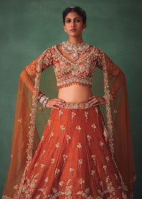 Rust Raw Silk Bridal Kali Lehenga With Embroidered Blouse And Dupatta