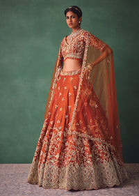 Rust Raw Silk Bridal Kali Lehenga With Embroidered Blouse And Dupatta