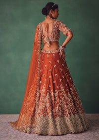 Rust Raw Silk Bridal Kali Lehenga With Embroidered Blouse And Dupatta