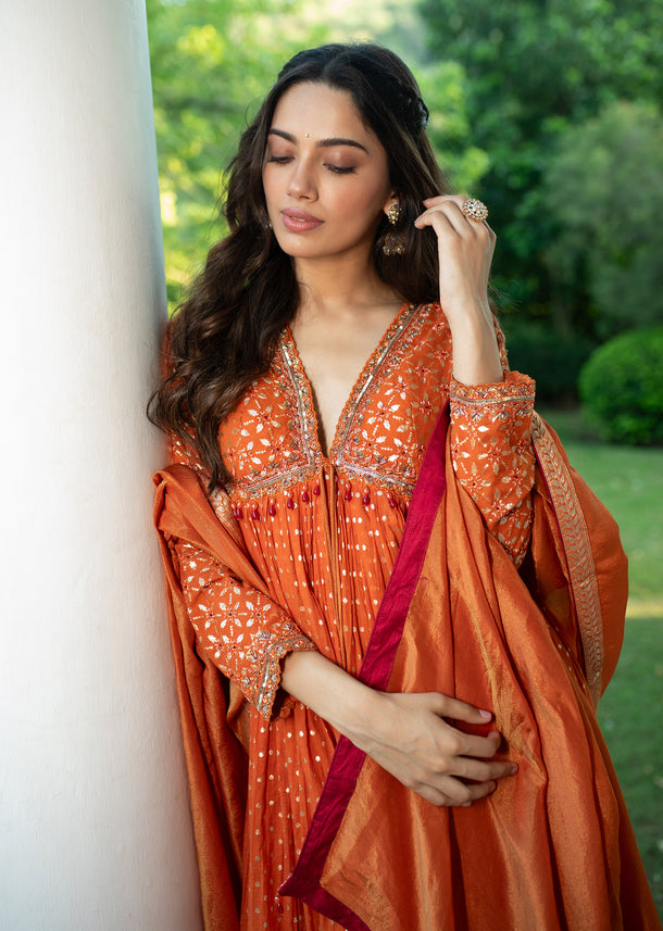 Warm Rust Orange Brocade Cutdana Beaded Anarkali Suit