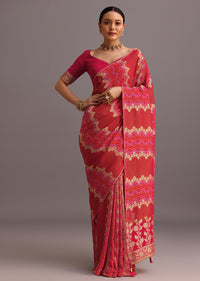 Rani Pink Khaddi Georgette Woven Saree With Gotta Patti Border