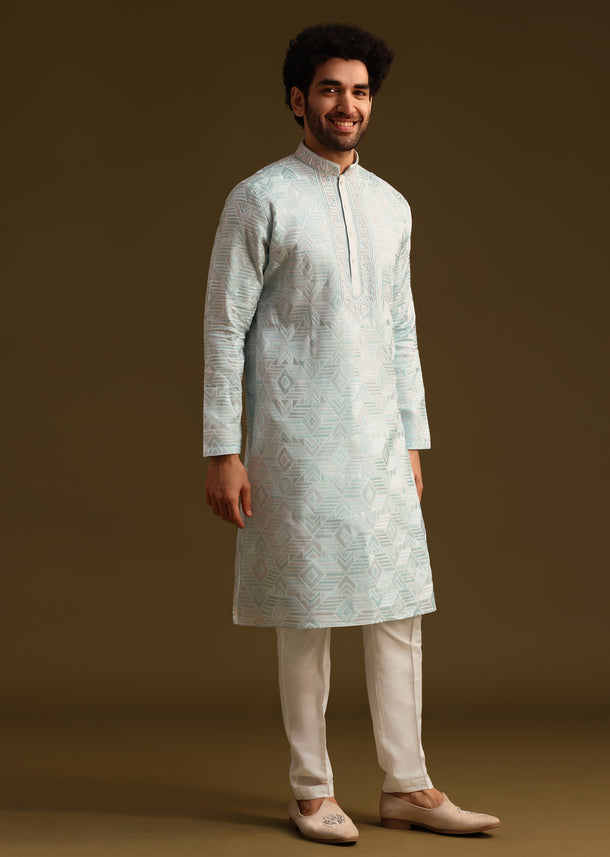 Blue Silk Mandarin Collar Kurta Set With Embroidered Yoke