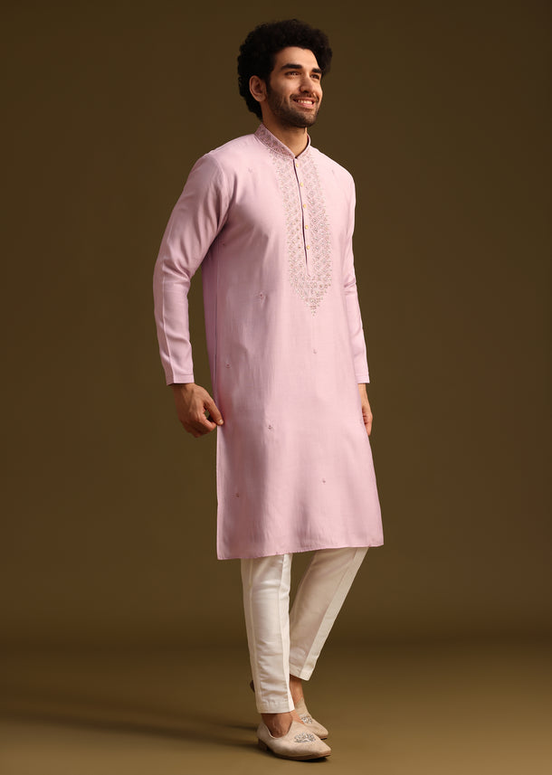 Purple Threadwork Kurta Pant Set With Embroidered Yoke