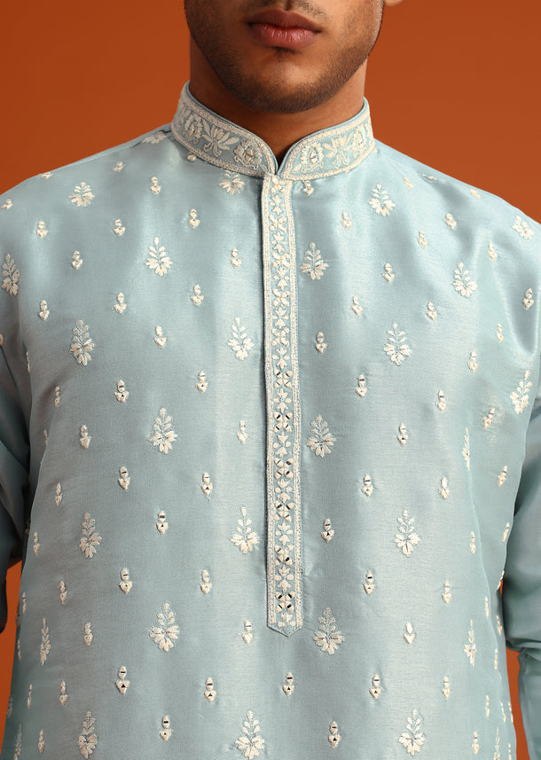 Aqua Blue Silk Kurta Set With Booti Work