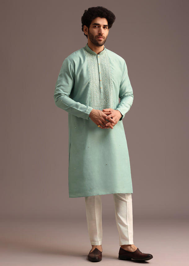 Blue Silk Hand Work Embroidered Yoke Kurta And Pant