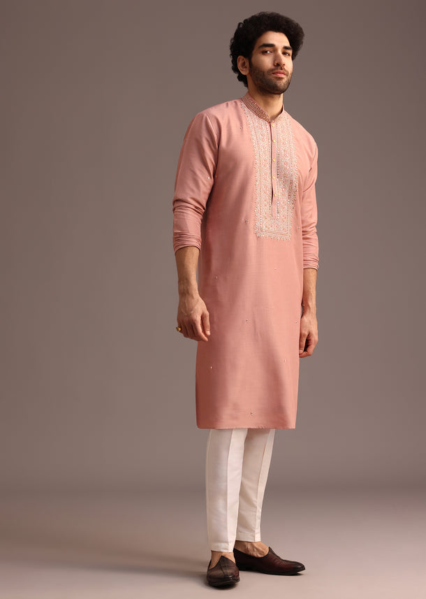 Onion Pink SIlk Kurta And Pant Set With Embroidered Yoke