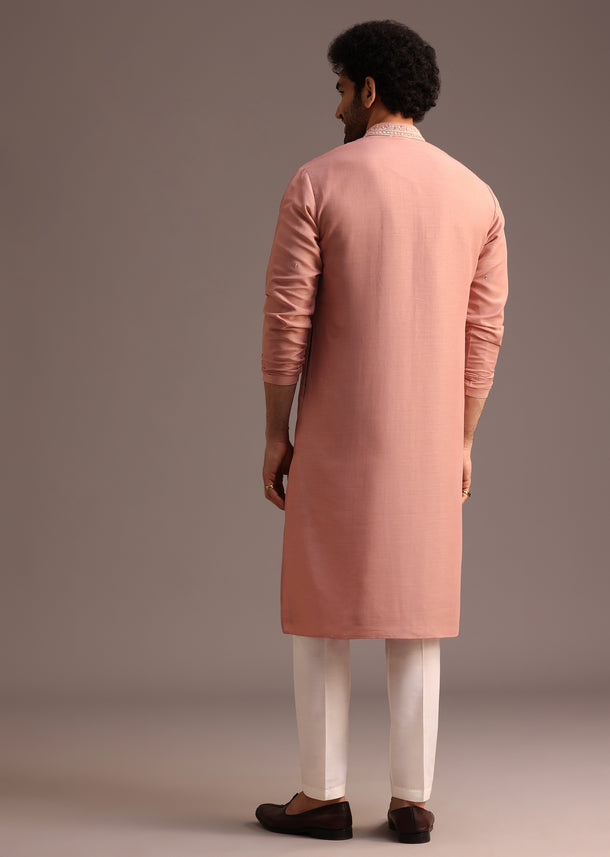 Onion Pink SIlk Kurta And Pant Set With Embroidered Yoke