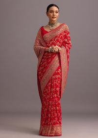 Red Georgette Woven Saree With Bandhani Jaal Work