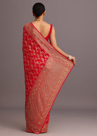 Red Georgette Woven Saree With Bandhani Jaal Work