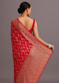 Red Georgette Woven Saree With Bandhani Jaal Work