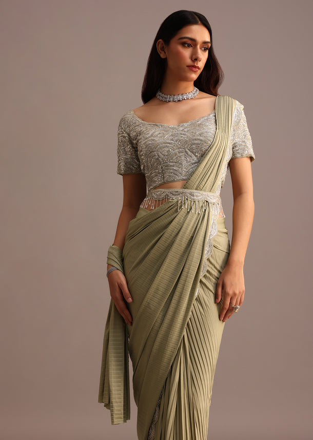 Pista Green Pre Draped Saree With Embroidered Blouse And Belt