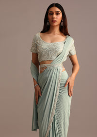 Blue Ready Pleated Saree With Embroidered Blouse