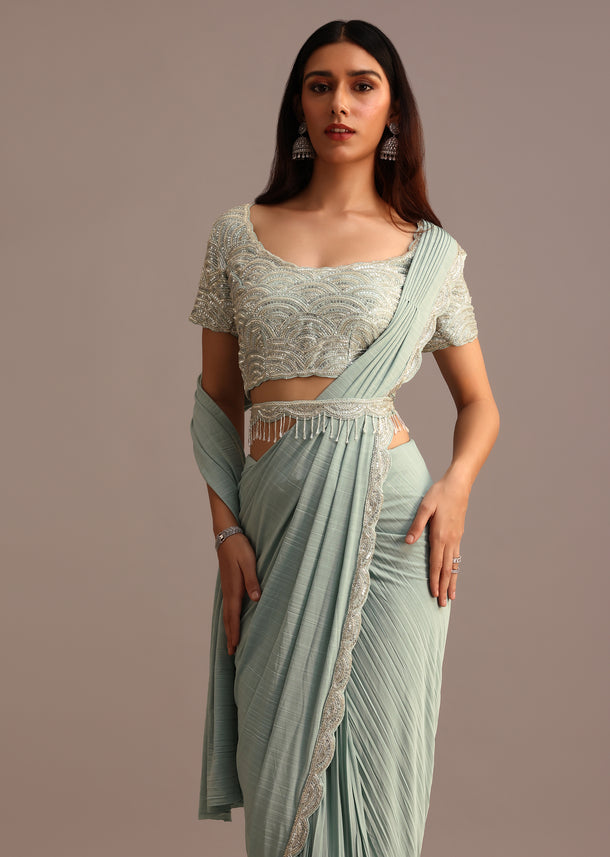 Blue Ready Pleated Saree With Embroidered Blouse