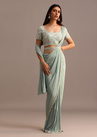 Blue Ready Pleated Saree With Embroidered Blouse