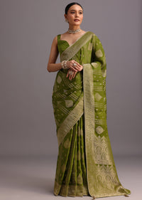 Mehendi Green Zari Woven Satin Silk Saree And Brocade Border