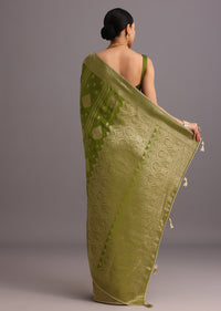 Mehendi Green Zari Woven Satin Silk Saree And Brocade Border