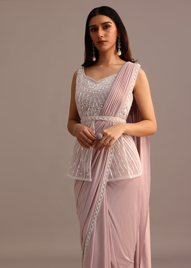 Dusky Pink Ready Pleated Saree With Embroidered Blouse