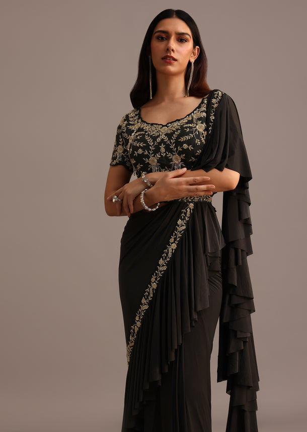 Black Ready Pleated Frills Saree With Embroided Blouse And Belt