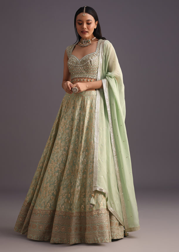 Green Hand Work Choli And Banarasi Weave Lehenga With Butti Work Dupatta