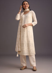 Off White Lucknowi Work Kurti And Dupatta