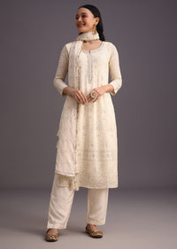 Off White Lucknowi Work Kurti And Dupatta