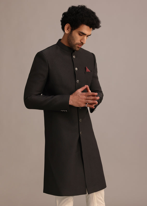 Wine Textured Sherwani Set With Mandarin Collar