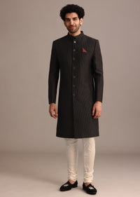 Wine Textured Sherwani Set With Mandarin Collar