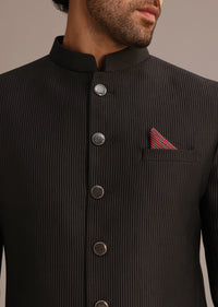 Wine Textured Sherwani Set With Mandarin Collar