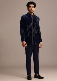 Blue Embroidered Indo Western Set in Velvet