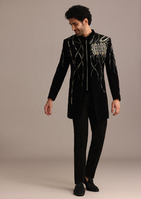 Black Zardozi Embroidered Indo Western Set in Velvet