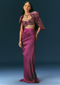 Purple Embroidered Blouse With Jacket And Draped Skirt